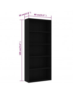 Libreria a 5 Ripiani Nera 80x30x189 cm in Legno Multistrato