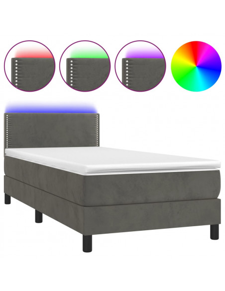Letto a Molle con Materasso e LED Grigio Scuro 90x200cm Velluto
