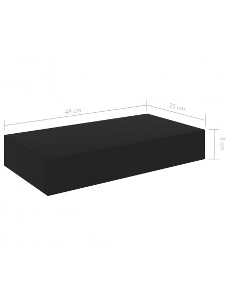 Mensola a Muro Galleggianti con Cassetto Nera 48x25x8 cm
