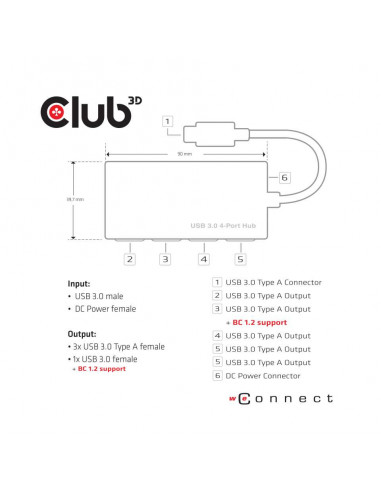 CLUB3D USB 3.0 Hub 4-Port with Power Adapter