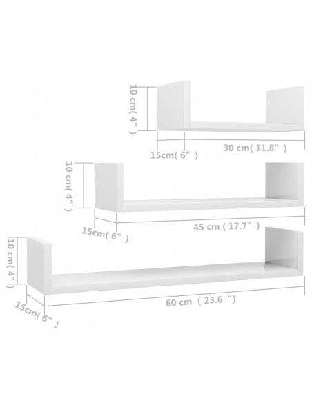Mensole a Muro 3 pz Bianco Lucido in Legno Multistrato