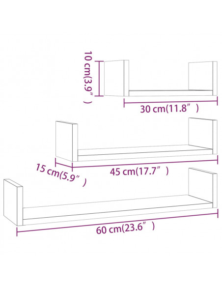 Mensole Espositive a Parete 3pz Grigio Sonoma Legno Multistrato