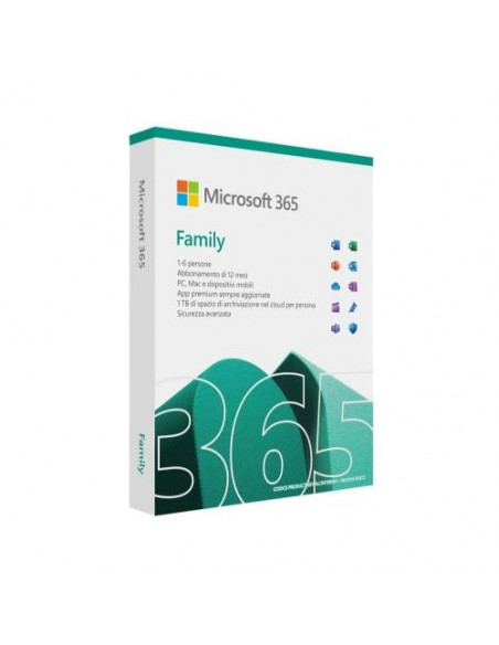 MICROSOFT 365 Family Italian EuroZone Subscr 1YR Medialess P10 fino 6 utenti - 5PC/MAC + 5 SMARTPHONE + 5 TABLET 6GQ-01932