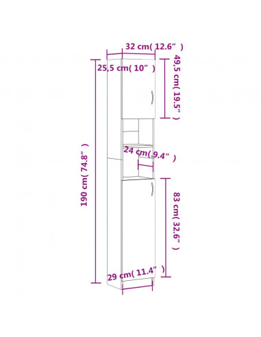 Mobile da Bagno Nero 32x25,5x190 cm in Legno Multistrato