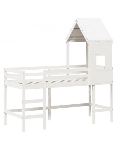 Letto Soppalco con Scala e Tetto Bianco 90x200 cm Massello Pino