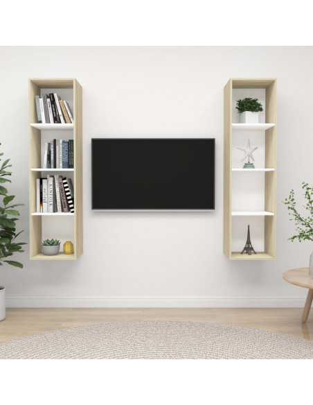 Mobile TV a Parete 2 pz Bianco e Rovere Sonoma in Truciolato