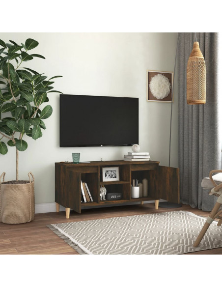 Mobile TV con Gambe in Legno Massello Rovere Fumo 103,5x35x50cm