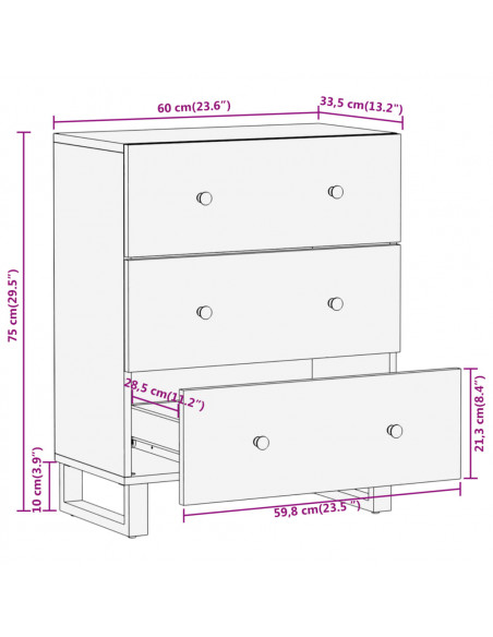 Mobiletto Marrone e Nero 60x33,5x75 cm Legno Massello di Mango