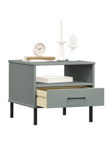 Comodino con Gambe in Metallo Grigio Legno Massello Pino OSLO