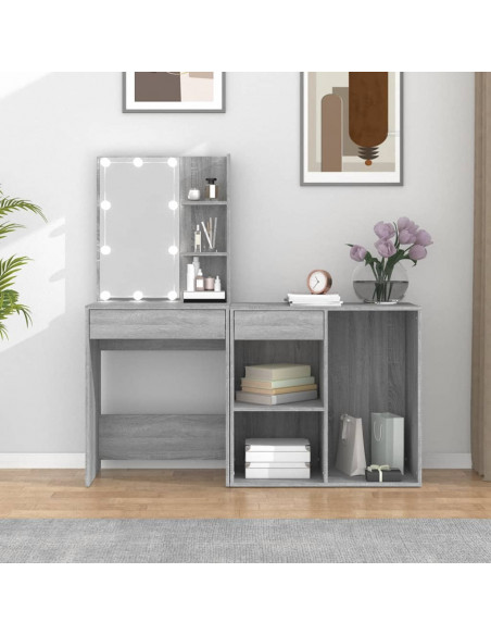 Toeletta con LED e Armadietto Grigio Sonoma Legno Multistrato