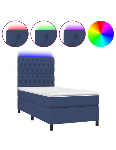 Letto a Molle con Materasso e LED Blu 100x200cm in Tessuto