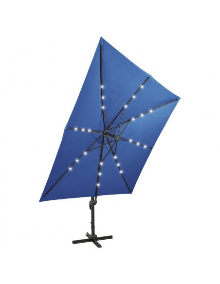 Ombrellone a Sbalzo con Palo e Luci a LED Azzurro 300 cm