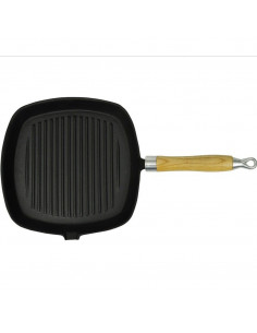 Padella Tegame Griglia in Ghisa con Manico in Legno 20x20 cm