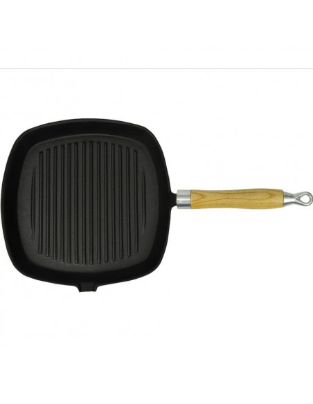 Padella Tegame Griglia in Ghisa con Manico in Legno 20x20 cm