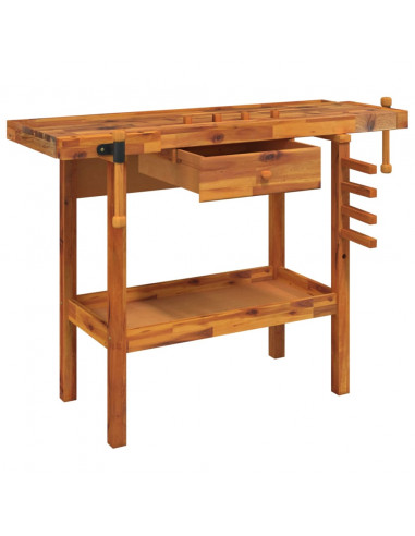 Banco Lavoro Cassetto e Morse 92x48x83 cm Legno Massello Acacia