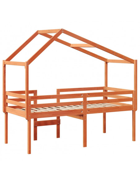 Letto a Soppalco con Tetto Cera 75x190cm Legno Massello di Pino