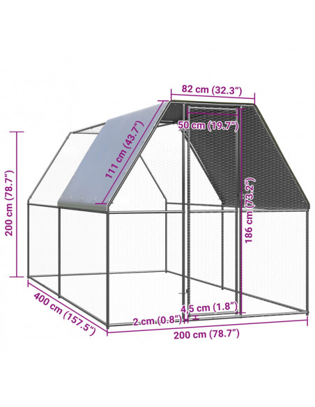 Pollaio da Esterno 2x4x2 m in Acciaio Zincato