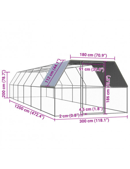 Pollaio per Esterni 3x12x2 m in Acciaio Zincato