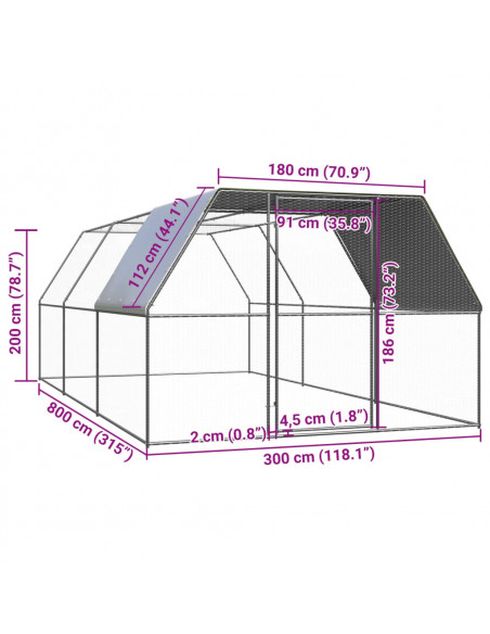 Pollaio per Esterni 3x8x2 m in Acciaio Zincato