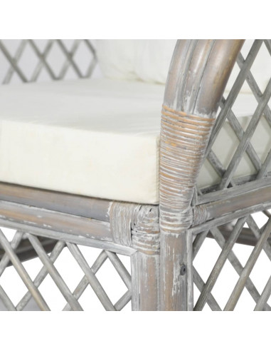 Poltrona con Cuscino Grigio in Rattan Naturale e Lino