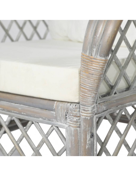 Poltrona con Cuscino Grigio in Rattan Naturale e Lino