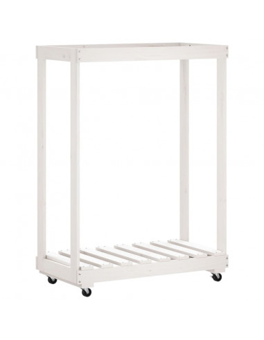 Portalegna con Ruote Bianco 76,5x40x108 cm Legno Massello Pino