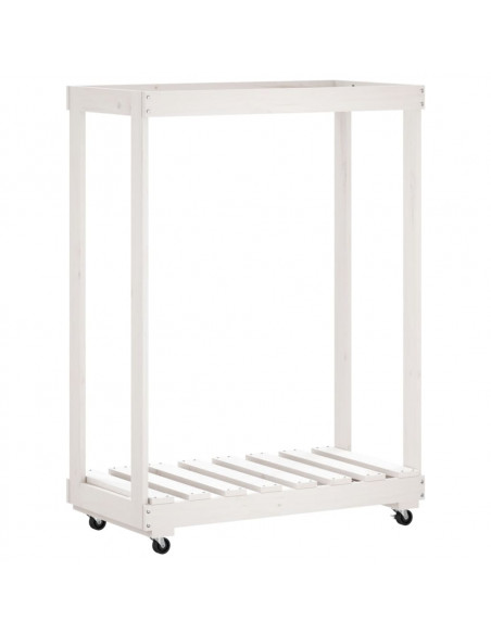 Portalegna con Ruote Bianco 76,5x40x108 cm Legno Massello Pino