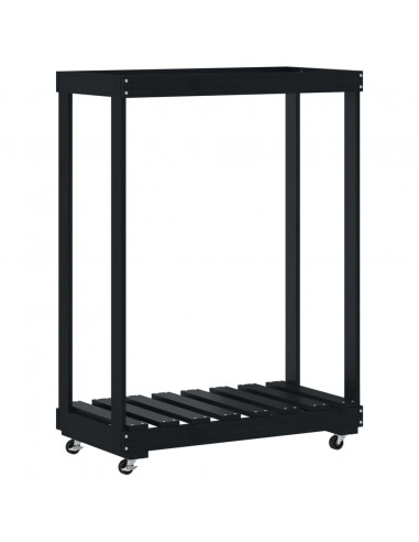 Portalegna con Ruote Nero 76,5x40x108 cm Legno Massello Pino