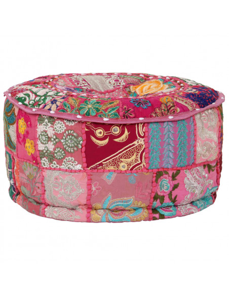 Pouf Patchwork Rotondo Fatto a Mano in Cotone 40x20 cm Rosa
