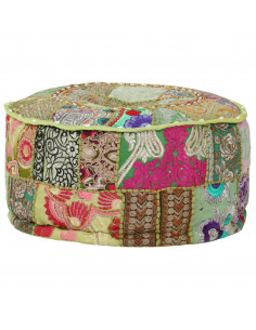 Pouf Patchwork Rotondo Fatto a Mano in Cotone 40x20 cm Verde