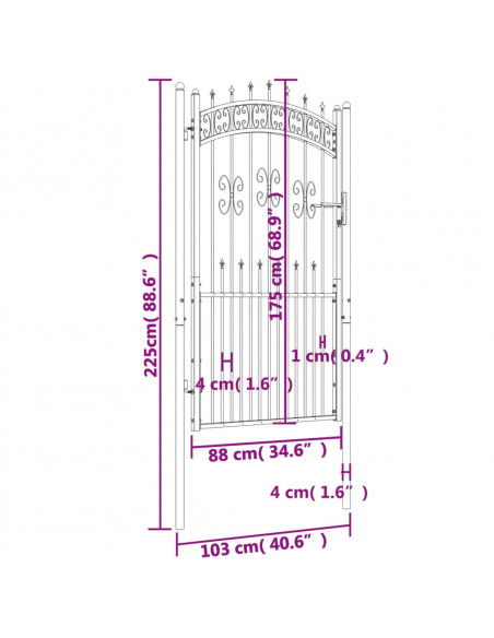 Recinzione Cancello con Punta a Lancia Nera 103x225cm Acciaio