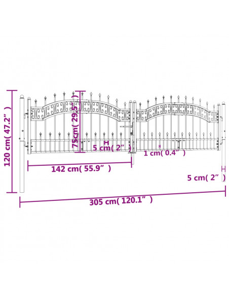 Recinzione Cancello con Punta a Lancia Nera 305x120cm Acciaio