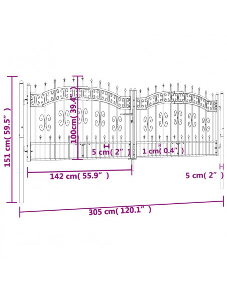 Recinzione Cancello con Punta a Lancia Nera 305x151cm Acciaio