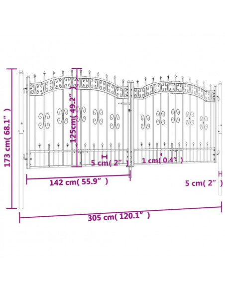 Cancello per recinzione con punta a lancia nero 305x125 cm in acciaio verniciato a polvere