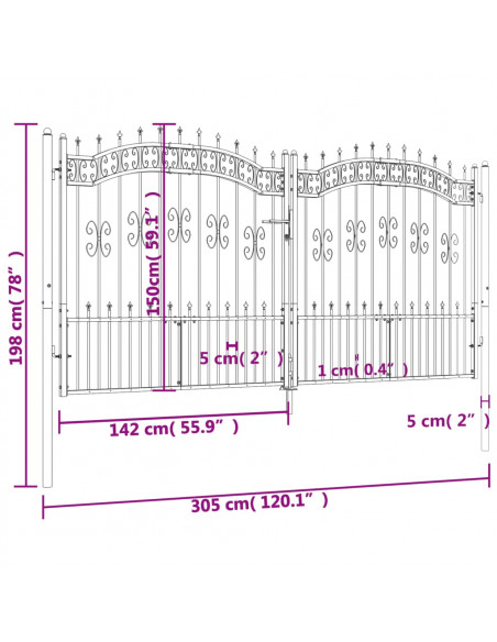 Recinzione Cancello con Punta a Lancia Nera 305x198cm Acciaio