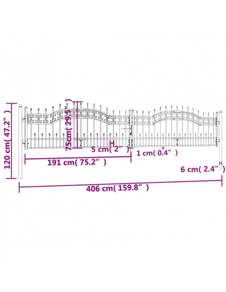 Cancello per recinzione con punta a lancia nero 406x75 cm in acciaio verniciato a polvere