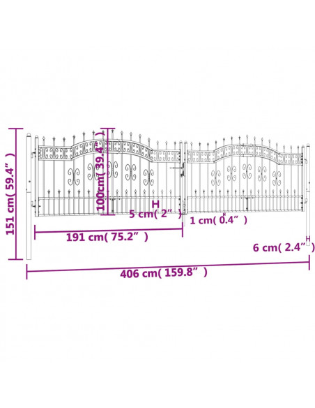 Cancello per recinzione con punta a lancia nero 406x100 cm in acciaio verniciato a polvere
