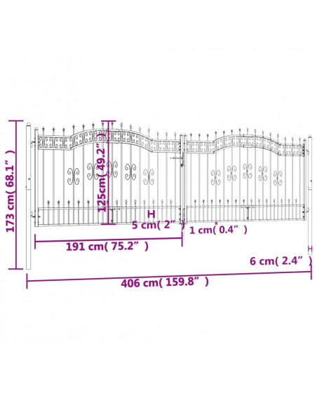 Cancello per recinzione con punta a lancia nero 406x125 cm in acciaio verniciato a polvere