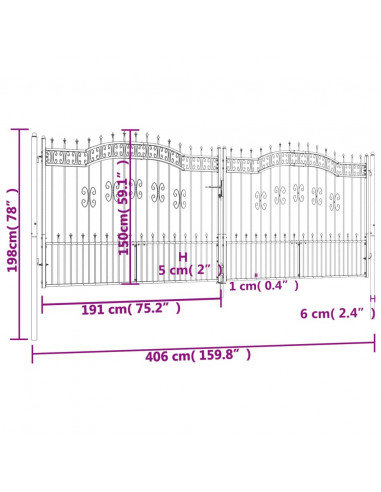 Cancello per recinzione con punta a lancia nero 406x150 cm in acciaio verniciato a polvere