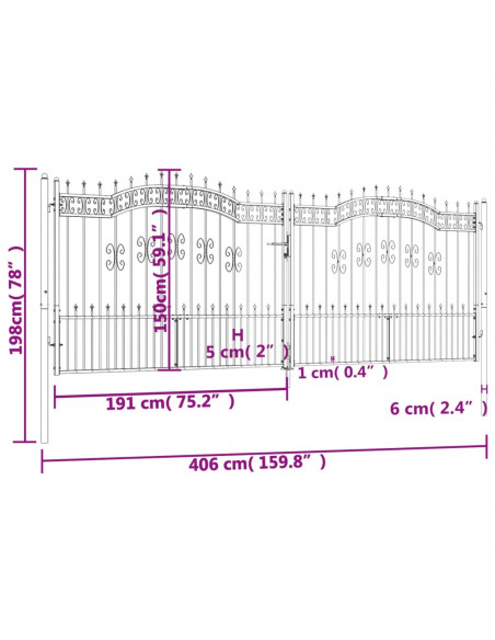 Cancello per recinzione con punta a lancia nero 406x150 cm in acciaio verniciato a polvere
