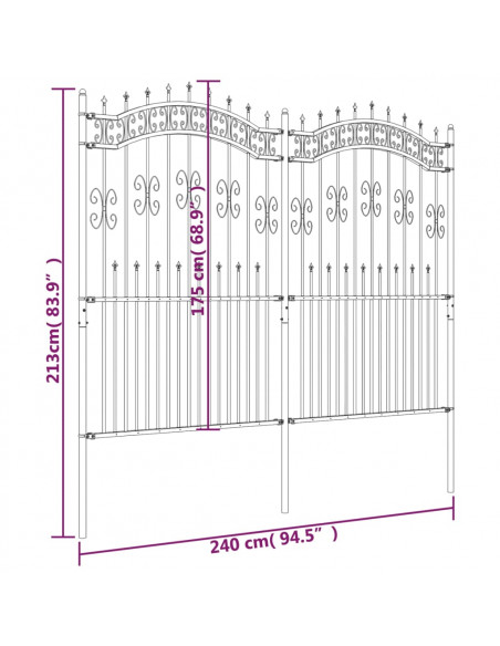 Recinzione da Giardino con Punta a Lancia Nera 222cm Acciaio