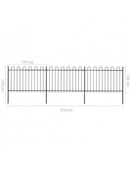 Recinzione da Giardino con Punta Tonda in Acciaio 5,1x1,2m Nera