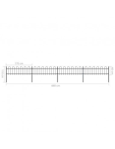 Recinzione da Giardino con Punta Tonda in Acciaio 6,8x0,6m Nera