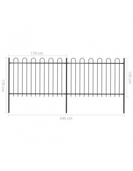 Recinzione Giardino con Punta Tonda in Acciaio 3,4x1,2 m Nera