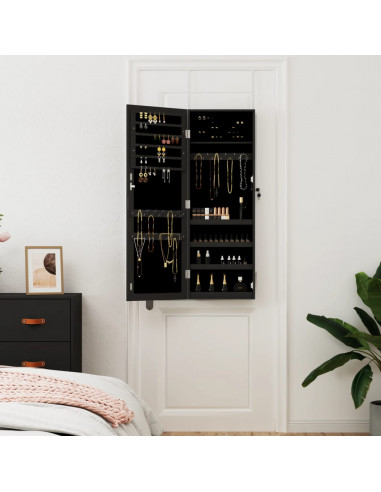 Armadio Portagioie con Specchio a Muro Nero 37,5x10x106 cm