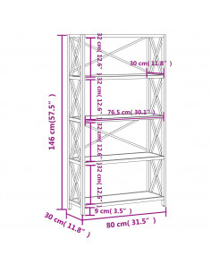 Scaffale a 5 Ripiani 80x30x146 cm in Legno Massello di Rovere
