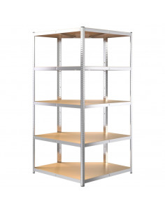 Scaffale Angolare Resistente 5 Strati Argento Acciaio e Legno