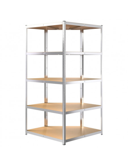 Scaffale Angolare Resistente 5 Strati Argento Acciaio e Legno