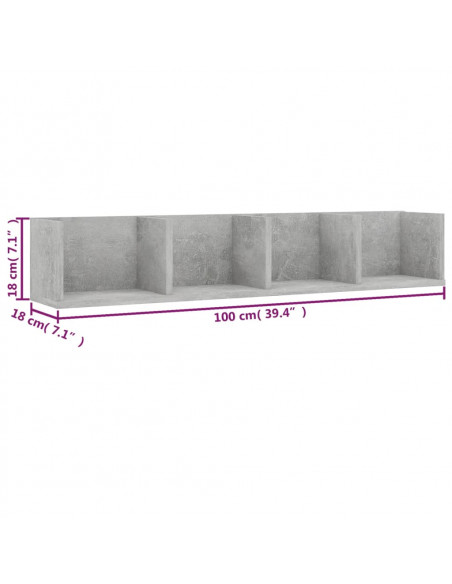 Scaffale Porta CD Grigio Cemento 100x18x18 cm Legno Multistrato