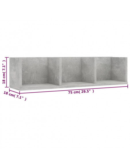 Scaffale Porta CD Parete Grigio Cemento 75x18x18 cm Multistrato